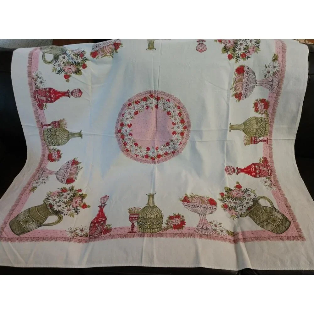 Vintage Cotton Tablecloth W/Floral &Vase Design Pink Green White 46-1/2